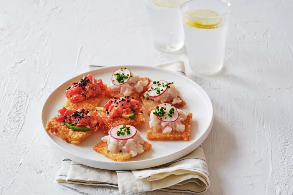 Crispy Sushi Rice Bites with Coconut, Lime + Kingfish and Spicy Mayo Tuna Topping