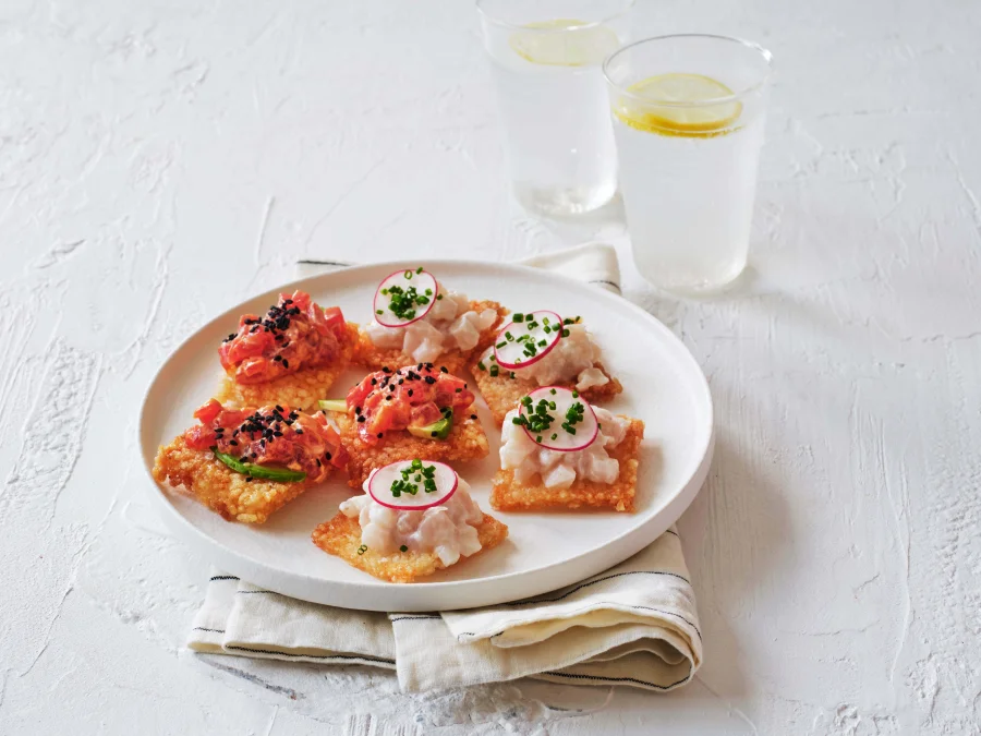 Crispy Sushi Rice Bites with Coconut, Lime + Kingfish and Spicy Mayo Tuna Topping